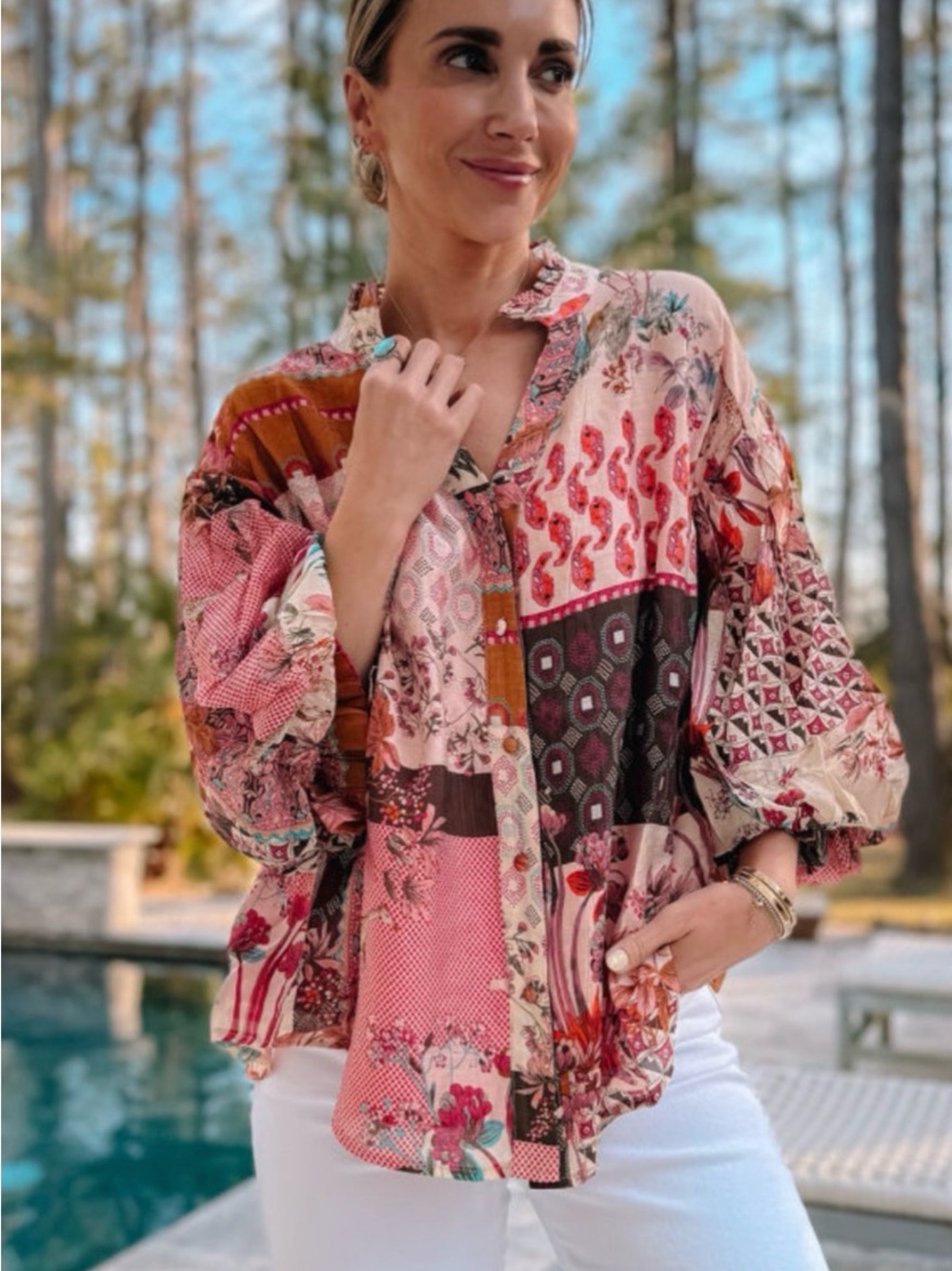 Boho Red & Pink Patchwork Mixed Print Button-Front Blouse